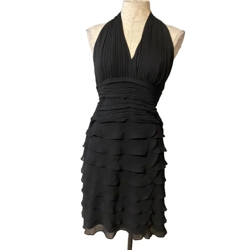 Tadashi Dress Black 10P 10 P Silk Halter Tiered Open Back Party Wedding Cruise - Picture 3 of 8